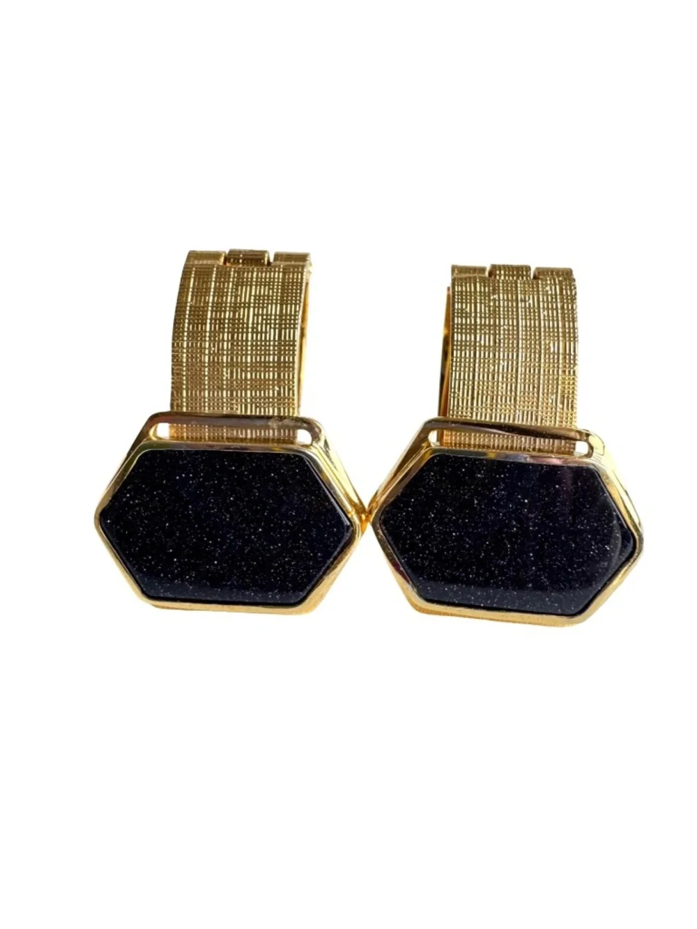 Vintage Black Goldstone Cufflinks Tie Tack Set Gold Tone Hexagon Sparkle Suit